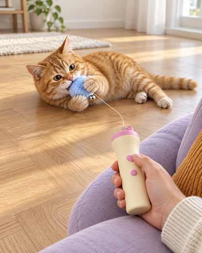 Tabby cat playing with the Pixel Pop pom-pom while the owner sits on the sofa