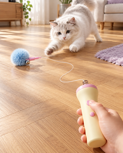 Cat pouncing on the launched Pixel Pop pom-pom on a wooden floor