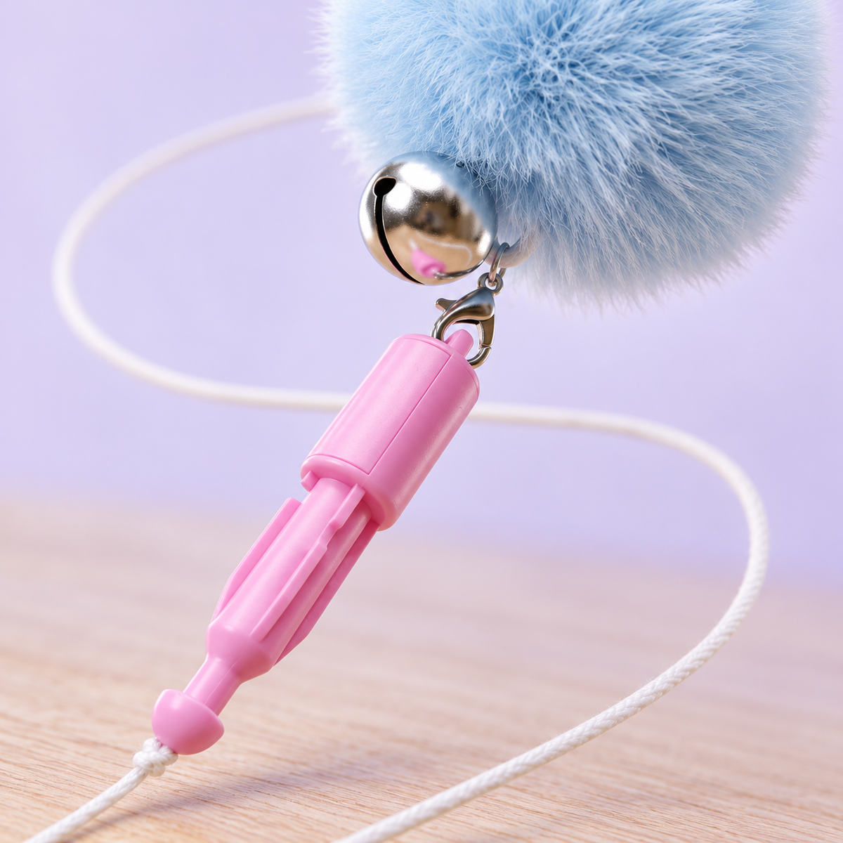Close-up of the Pixel Pop pom-pom, jingle bell and lobster clasp
